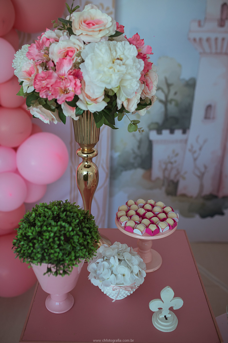 Fotografia da decoração da festa infantil com tema princesa, mostrando cada detalhe preparado para uma comemoração especial.