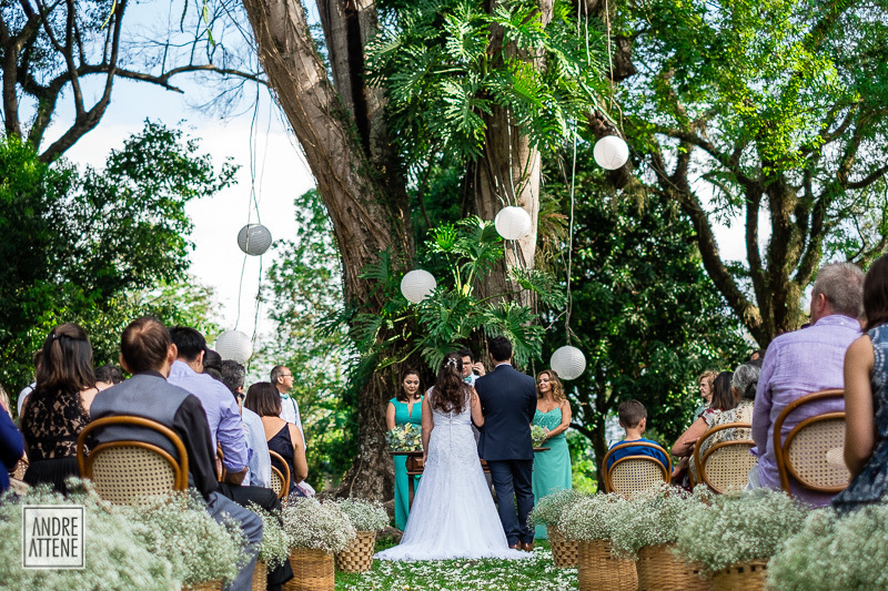 um panorama da linda árvore que serve de altar no casamento da Ariane e do Rafael na fazenda Vassoural em Itú, SP