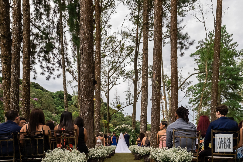 uma visão do altar durante a cerimônia de casamento, entre os pinheiros do Recanto do Mar