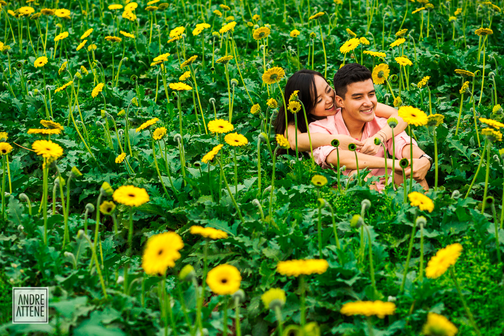 casal conversa sentado em meio a flores em Holambra em fotografia de Andre Attene