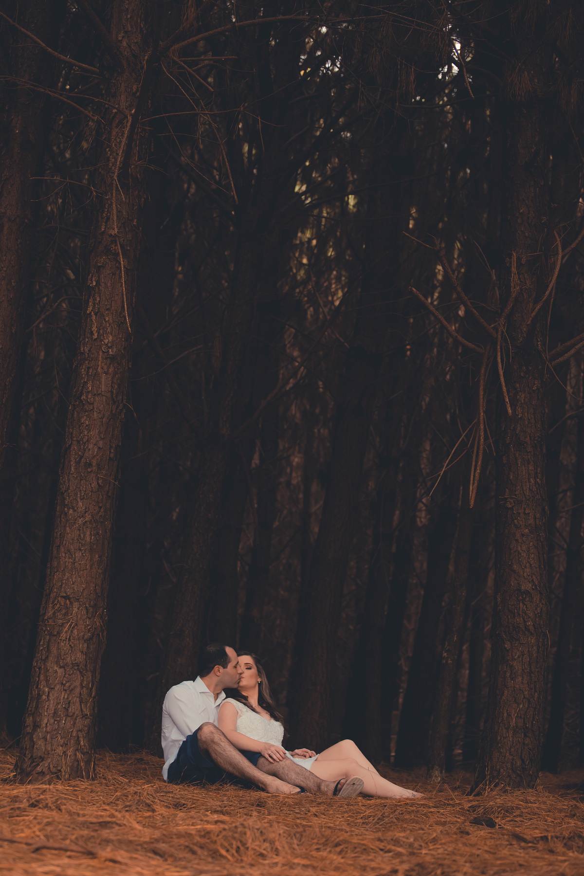 Fotógrafo de casamento de Cachoeirinha fotografia ensaio pré casamento casal sentado entre as árvores se beijando