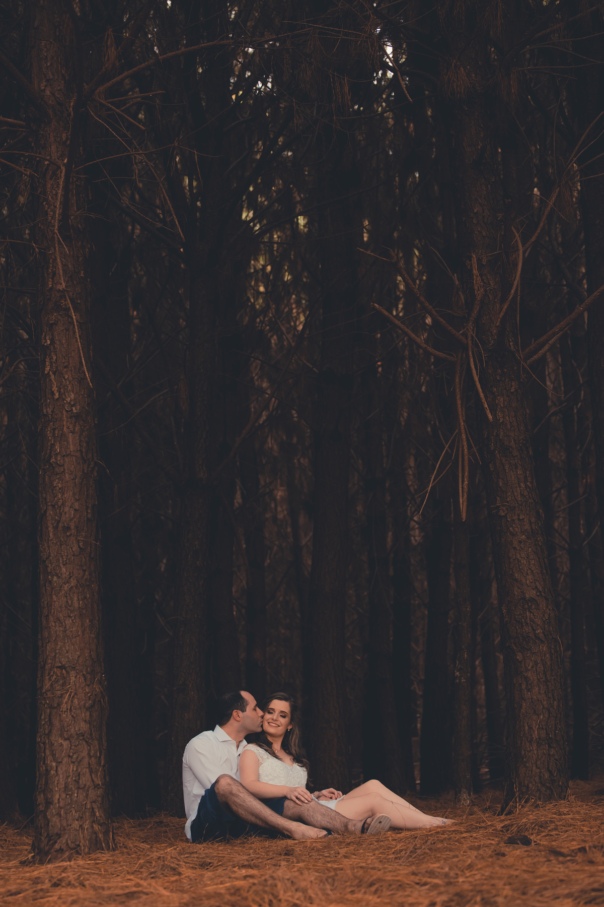 Fotógrafo de casamento de Cachoeirinha fotografia ensaio pré casamento casal sentado entre as árvores ele beijando ela