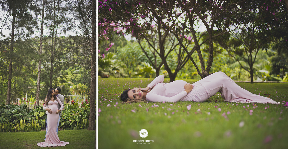 ensaio gestante na natureza de vestido longo e justo