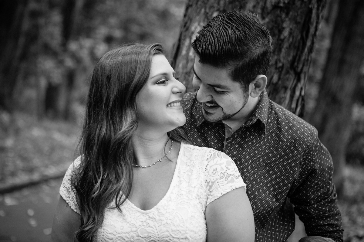 a noiva encontrada no noivo em uma arvore em um ensaio pre wedding no parque da aclimação 