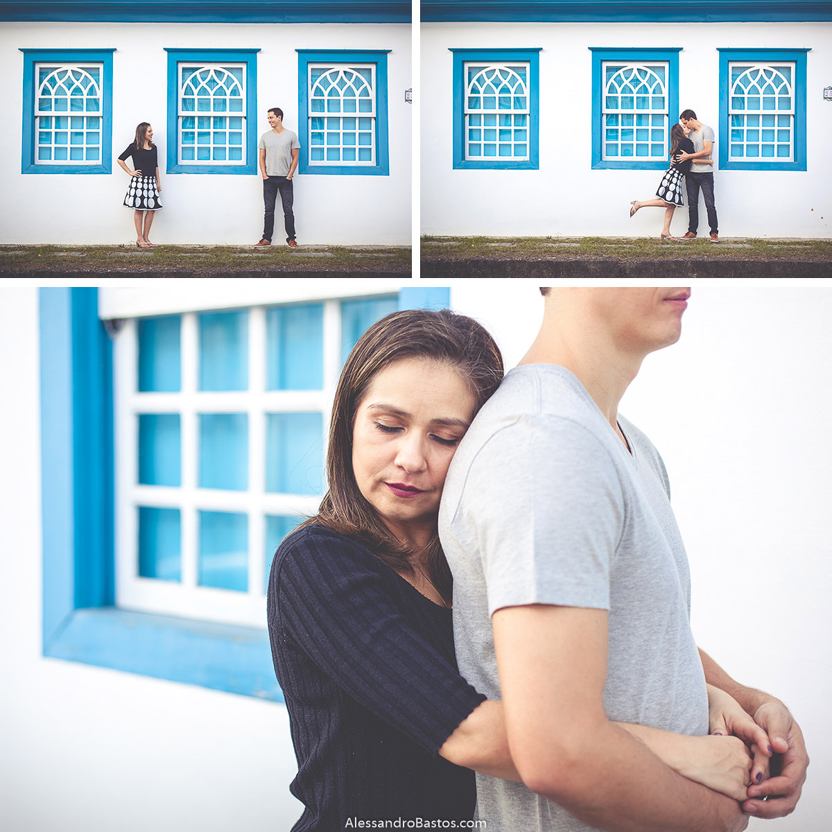 noivos em fotos na frente de janelas na cor azul da cidade de diamantina mg