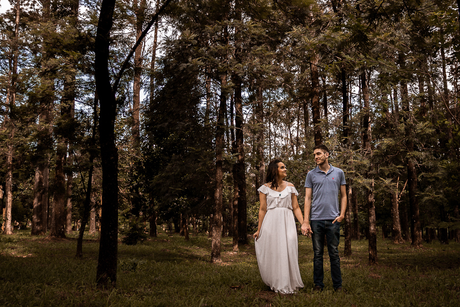 PRE CASAMENTO REALIZADO NO BOSQUE DAS GREVILEAS E NA LINHA DO TREM EM MARINGA NO PARANA NA IMAGEM OS NOIVOS APARECEM DE MAOS DADAS SE OLHANDO EM GRANDE ANGULAR