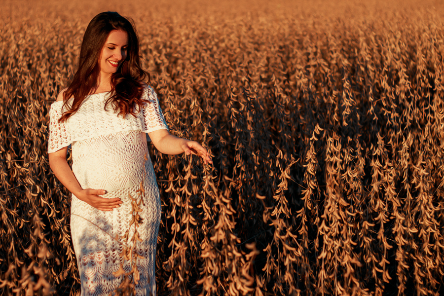 ENSAIO FOTOGRAFICO DE GESTANTE GESTACAO REALIZADO EM MARINGA NO PARANA NA IMAGEM A MAMAE APARECE COM UM VESTIDO BRANCO PASSANDO A MAO EM MEIO AO SOJA JÁ AVERMELHADO
