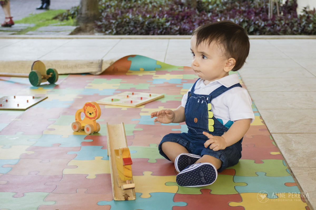 menino de um ano brincando em sua festa de aniversário