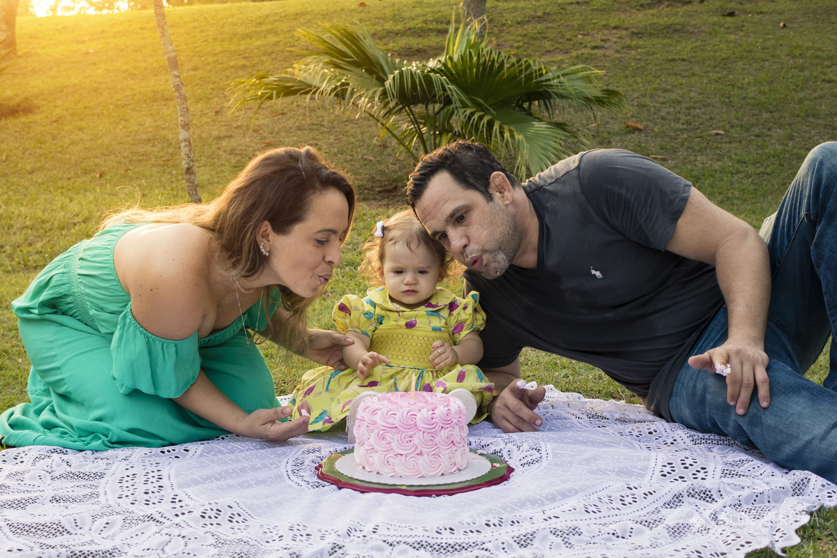 familia apagando a velinha do bolo de aniversário no parque