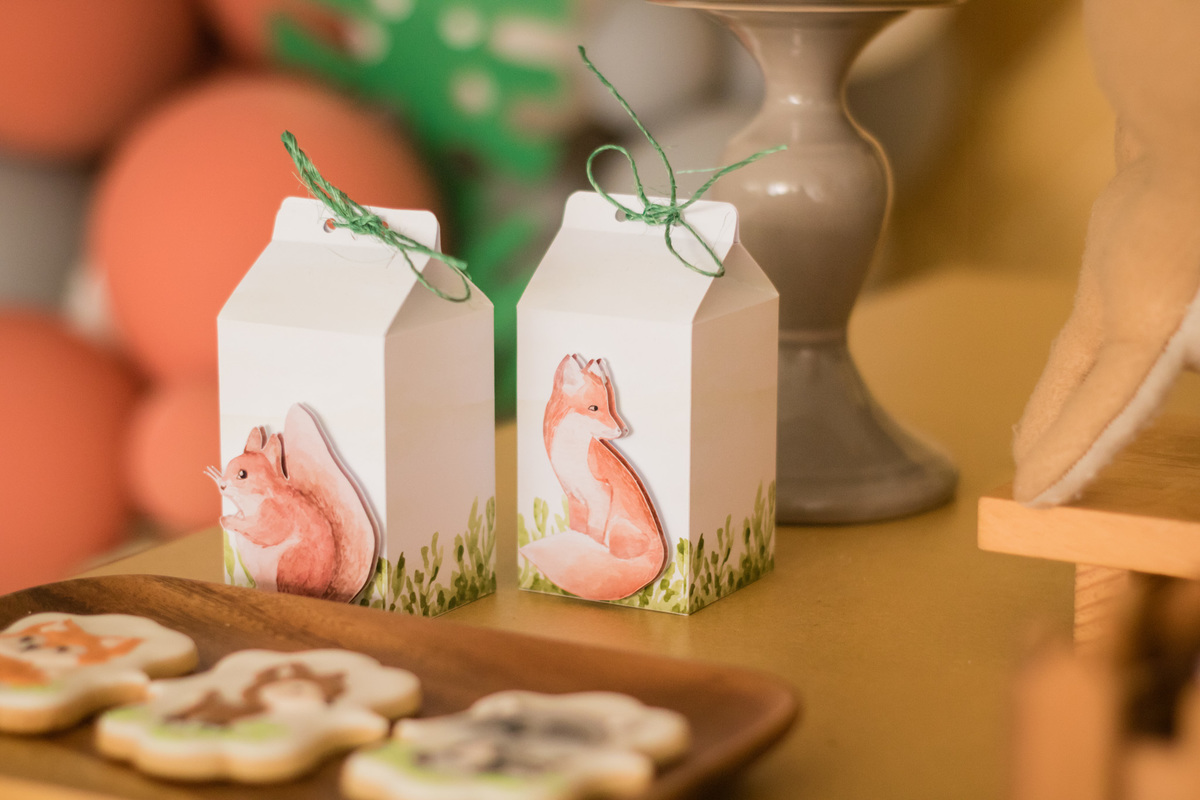 caixinhas decorativas na mesa de aniversário com o tema floresta