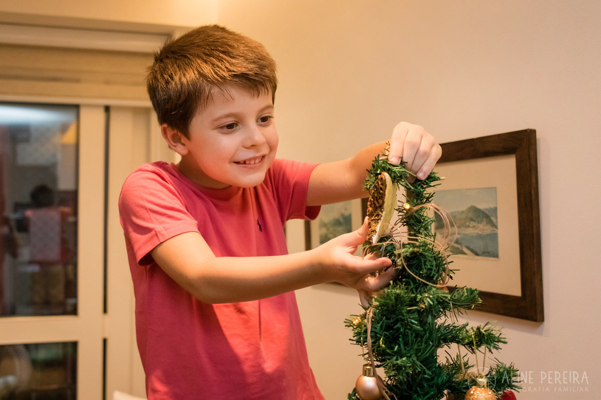 menino colocando a estrela no topo da árvore