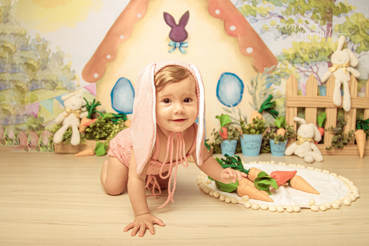 ensaio infantil acompanhamento trimestral mensal bebê fotografia temático páscoa coelho pooh puff amigurumi crochet crochê clean floresta jardim flor menina princesa Niterói Itaipu Região Oceânica Rio de Janeiro