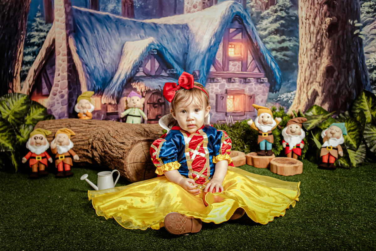 ensaio temático fotografia aniversário 1 ano festa Branca de Neve 7 anôes floresta flor princesa disney luxo ambientado Niterói Itaipu Região Oceânica