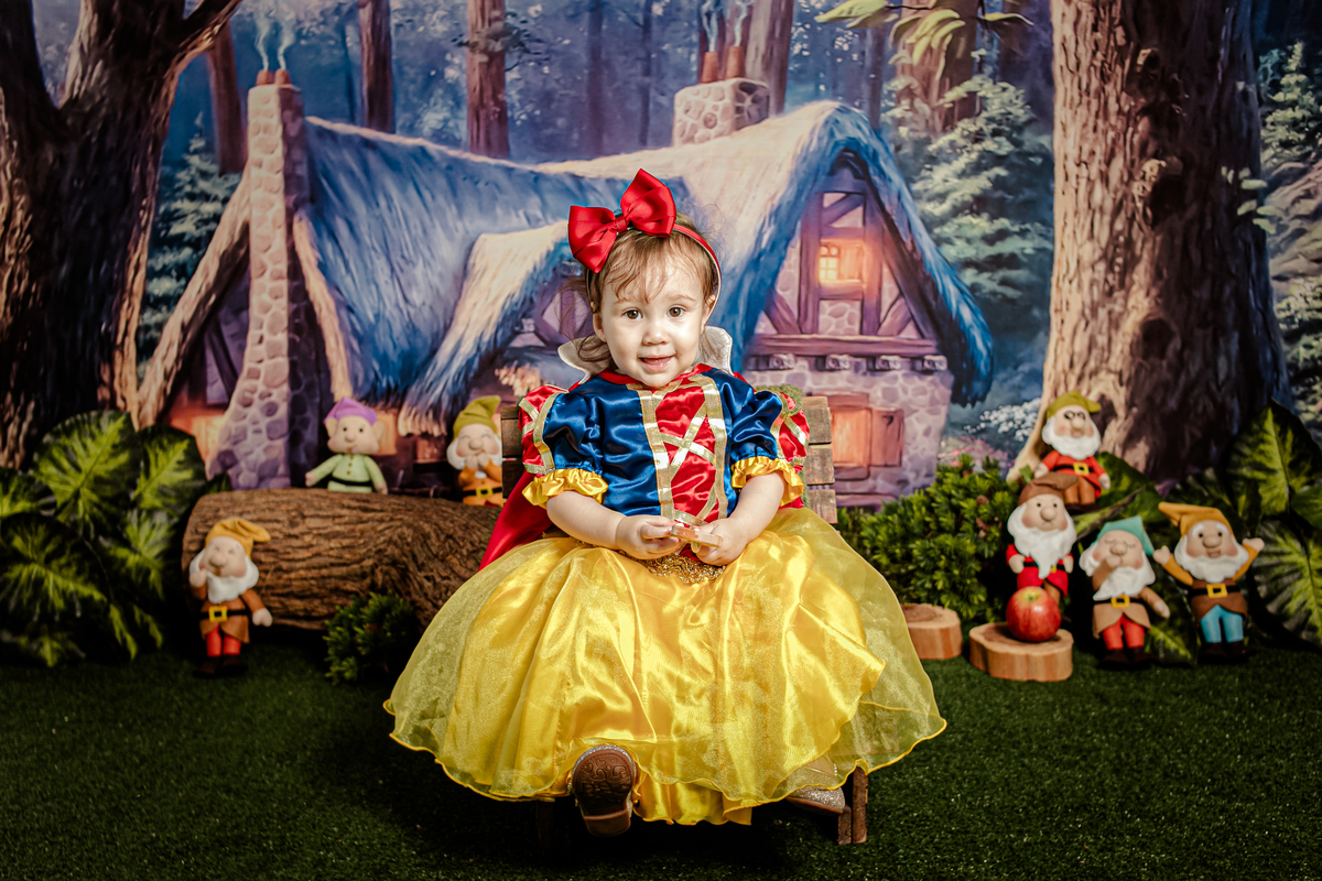 ensaio temático fotografia aniversário 1 ano festa Branca de Neve 7 anôes floresta flor princesa disney luxo ambientado Niterói Itaipu Região Oceânica