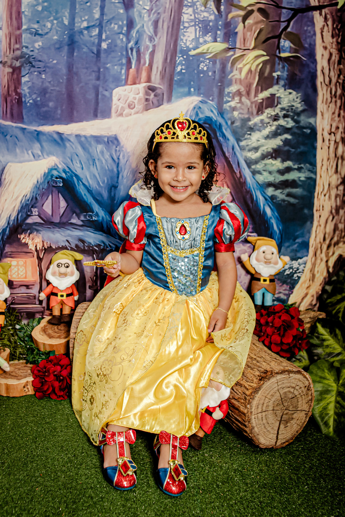 princesa infantil Branca de Neve e os 7 anões sete flores floresta grama vermelho família irmãos príncipe irmão fantasia mágico conto de fadas Itaipu Região Oceânica Niterói Rio de Janeiro ensaio fotográfico fotografia