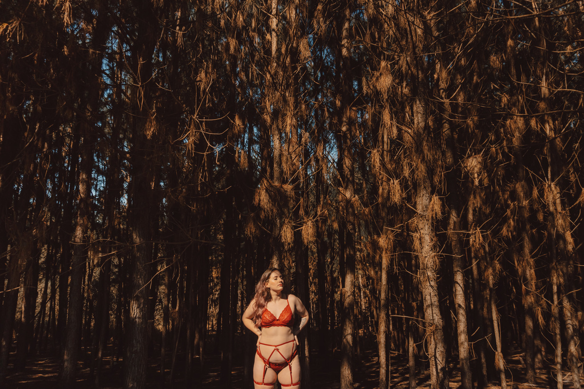 Ensaio feminino sensual na natureza com lingerie vermelha