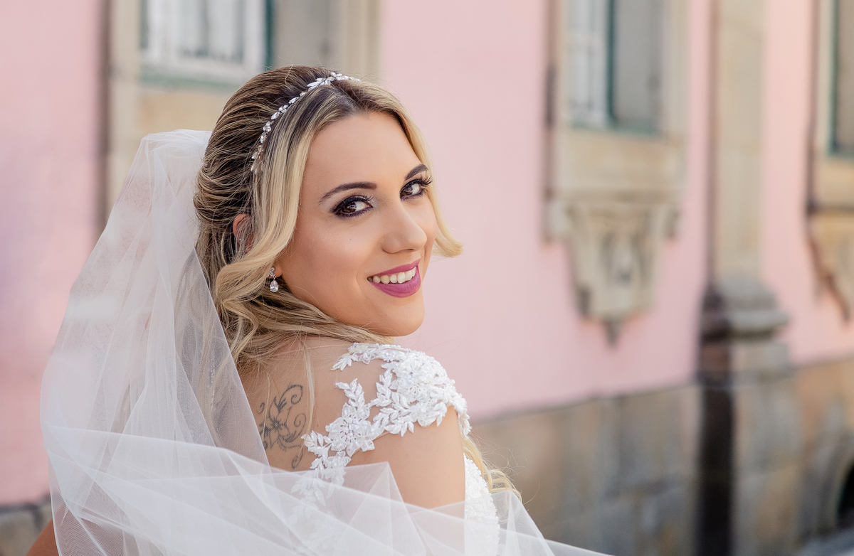 noiva em frente ao palácio do condes de anadia