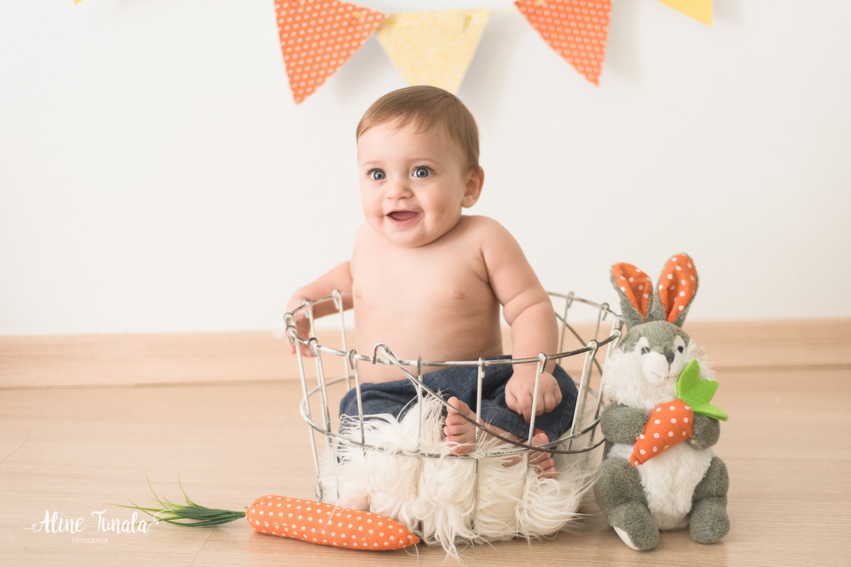 Mini sessões de páscoa que aconteceram em Cachoeiro de Itapemirim. Ensaios de páscoa com cenário temático com cenoura, ovinhos e coelhos