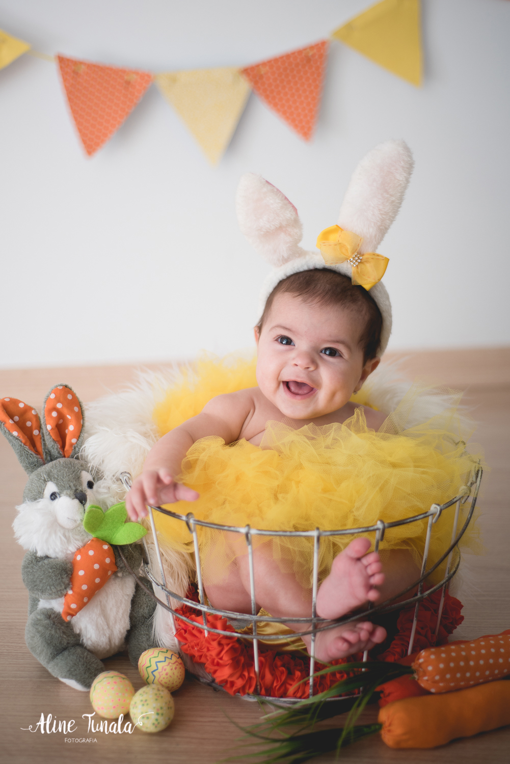 Mini sessões de páscoa que aconteceram em Cachoeiro de Itapemirim. Ensaios de páscoa com cenário temático com cenoura, ovinhos e coelhos