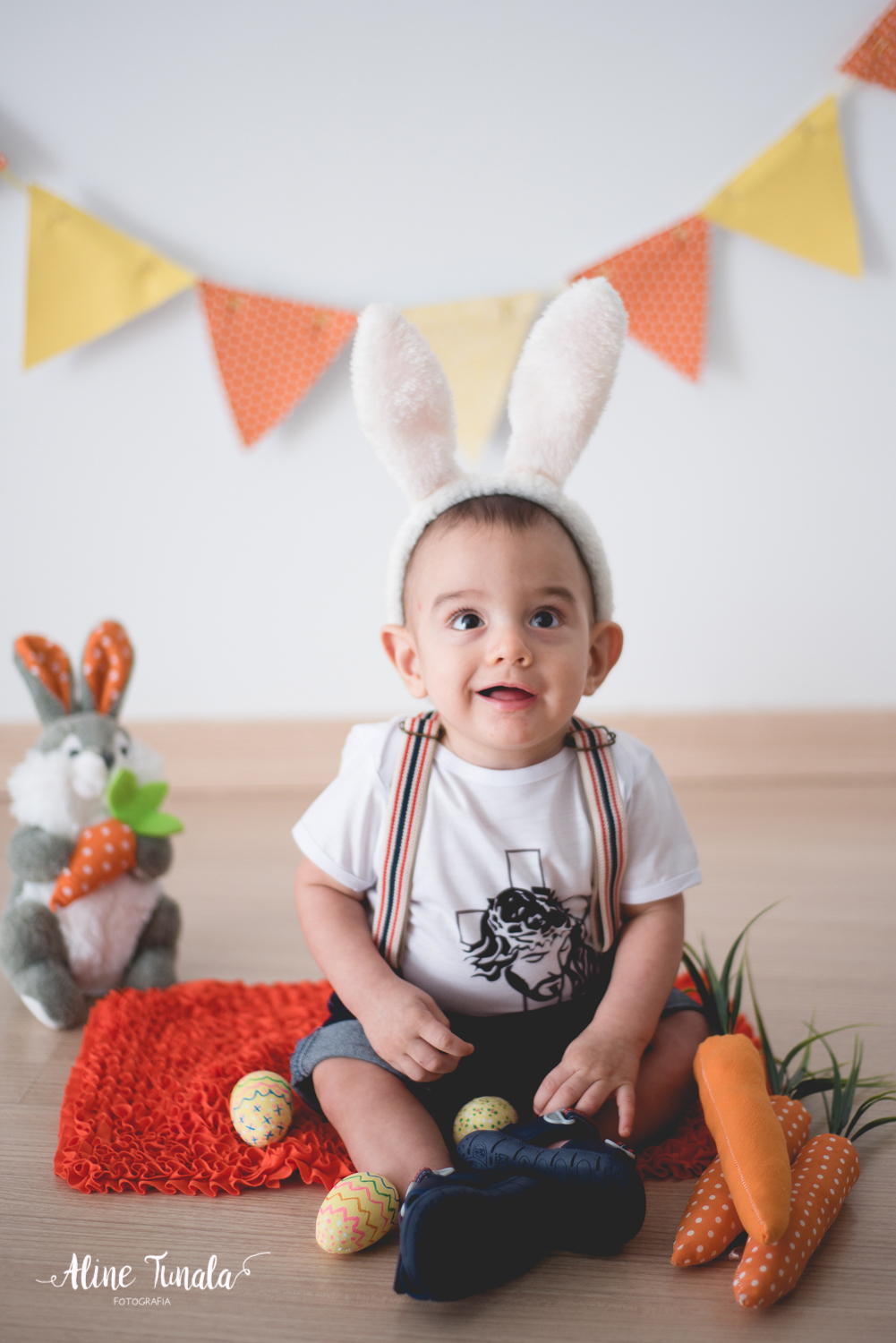 Mini sessões de páscoa que aconteceram em Cachoeiro de Itapemirim. Ensaios de páscoa com cenário temático com cenoura, ovinhos e coelhos