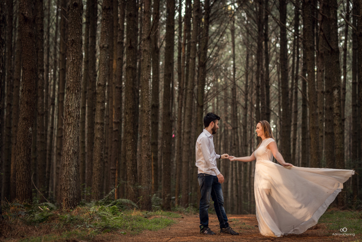 ensaio pré-casamento na floresta de pinos
