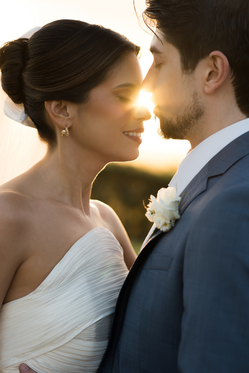 Fotos do casal em pós cerimônia ao pôr do sol