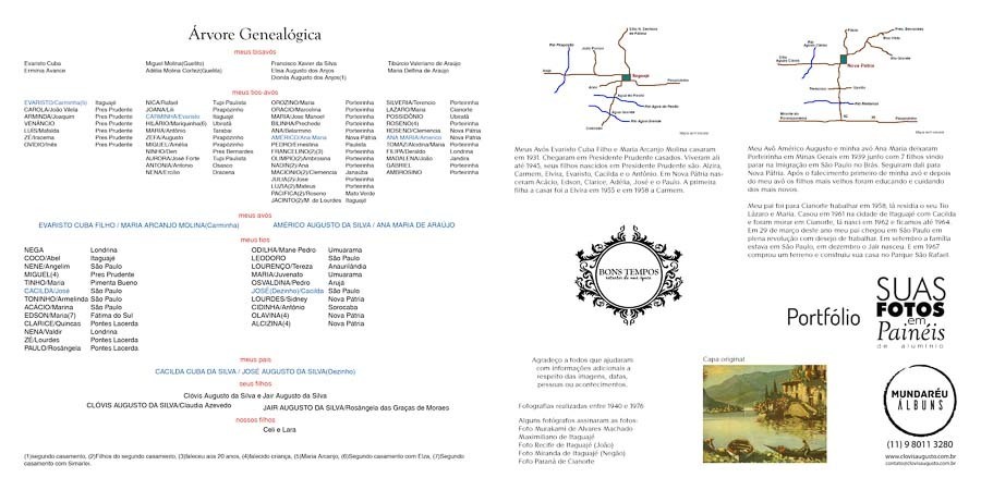pagina de fechamento do album de fotos bons tempos, arvore genealogica, São Paulo, SP, Capa de couro, gravação laser, fotos restauradas, lamina, por Clovis Augusto, mundareu albuns