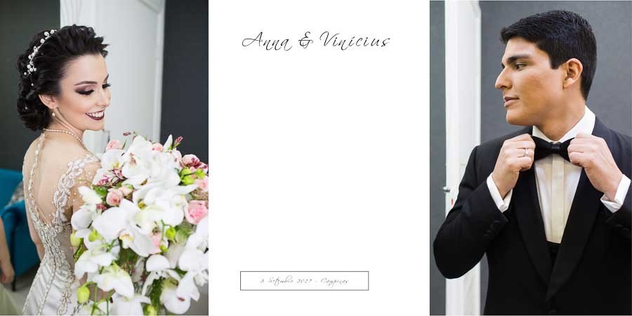 pagina de abertura do album de fotos de casamento, Anna e Vinicius, Campinas SP, album de casamento por Clovis Augusto com a marca Mundareu albuns