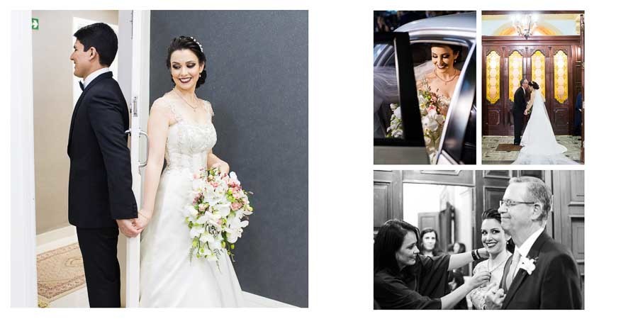 pagina com a entrada da noiva na igreja do album de fotos de casamento, Anna e Vinicius, Campinas SP, album de casamento por Clovis Augusto com a marca Mundareu albuns
