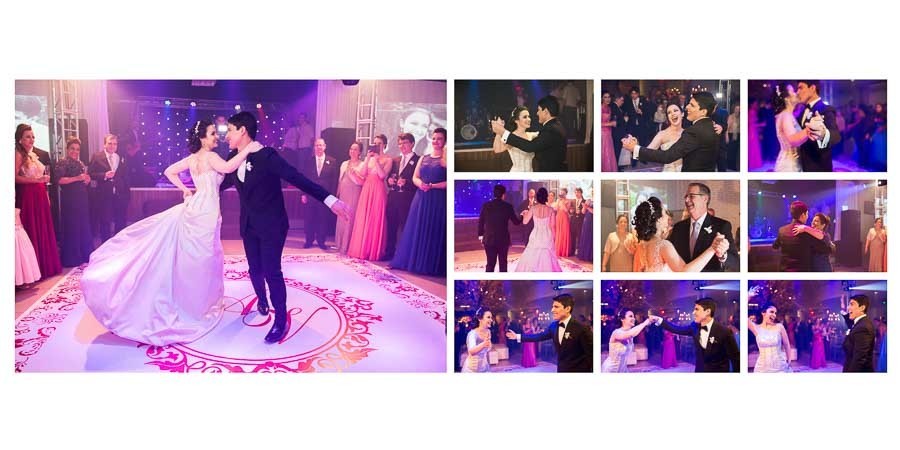 pagina com fotos dos noivos dancando a valsa no album de fotos de casamento, Anna e Vinicius, Campinas SP, album de casamento por Clovis Augusto com a marca Mundareu albuns