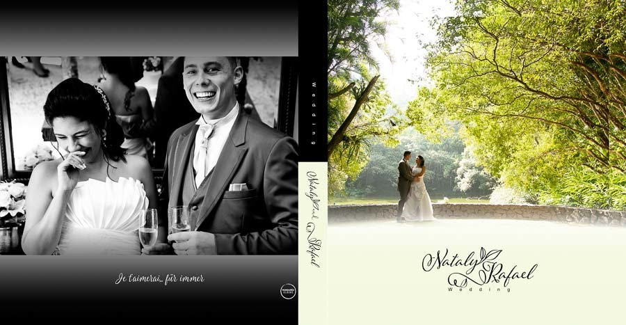 contra capa, lombada e capa do album de casamento nataly e rafael sao paulo SP album de fotos com abertura panoramica por Clovis Augusto com a marca Mundareu Albuns
