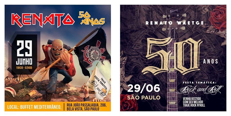 duas paginas do album de aniversario Renato 50 anos com o save the date e o convite Sao Paulo SP album de fotos por Clovis Augusto com a marca Mundareu Albuns