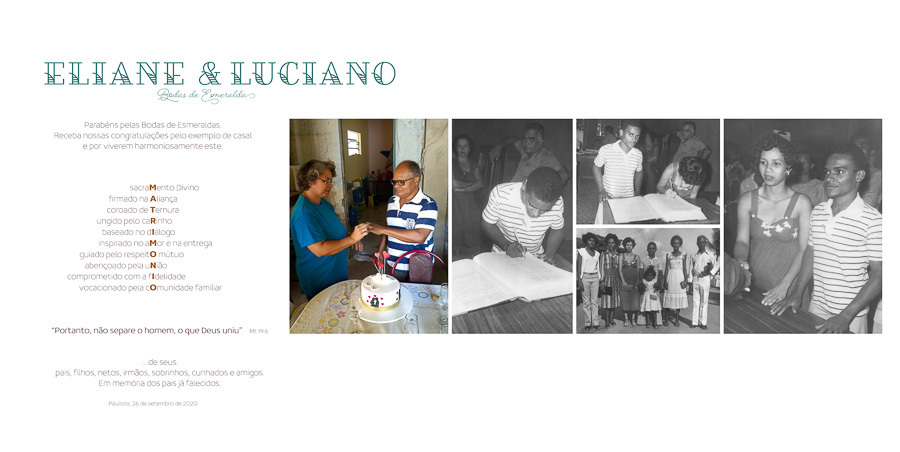 pagina de abertura do album de bodas eliane e Luciano com fotos restauradas da familia em paulista recife pe album de fotos bodas de esmeraldas por Clovis Augusto mundareu fotos