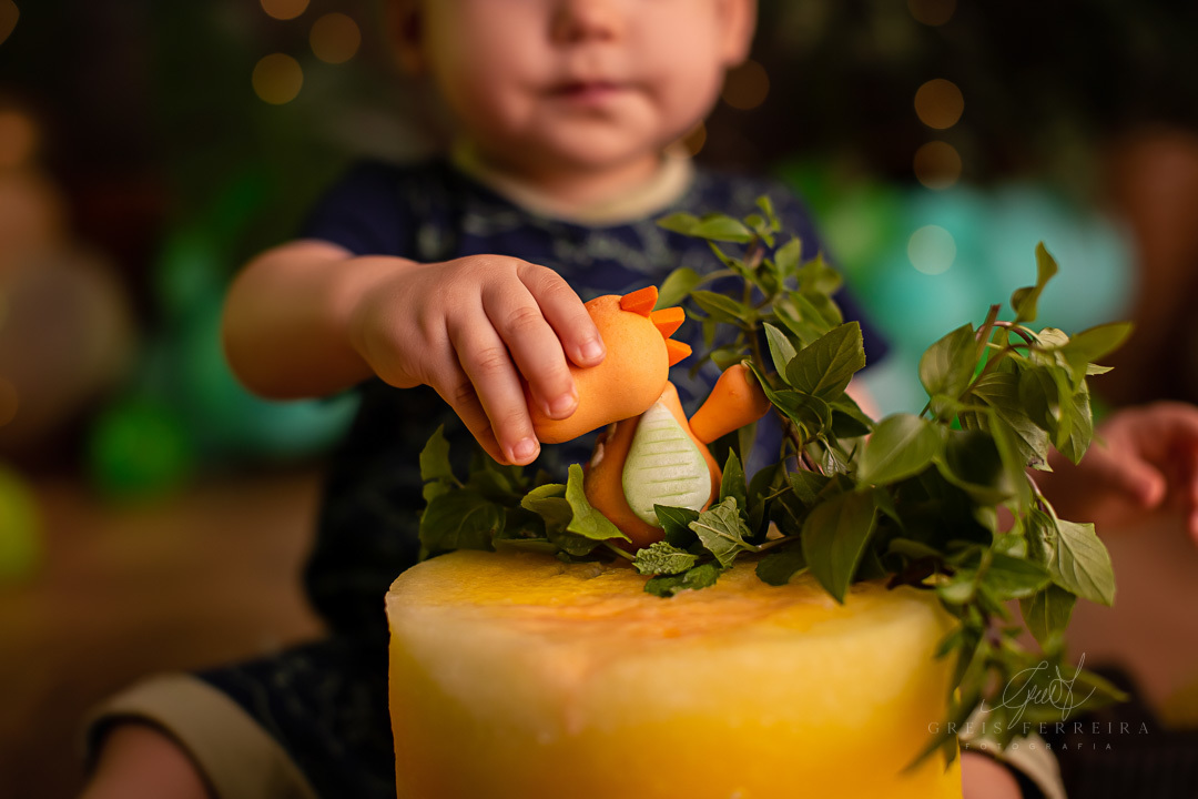 smash the frbebe pegando um dinossauros laranja de biscuit em um bolo de melancia amarela decorado com kiwi hortela mangauit dinossauro ensaio de bebe