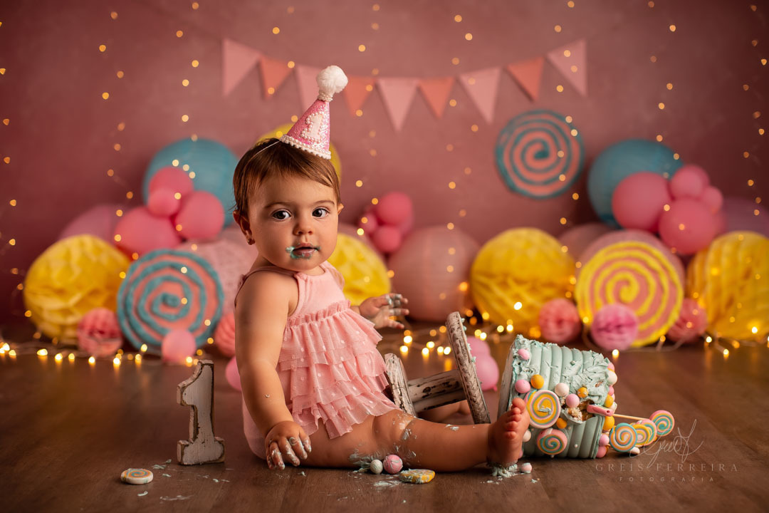 Smash the Cake de Pirulito ensaio de aniversario bebe 1 ano 12 meses