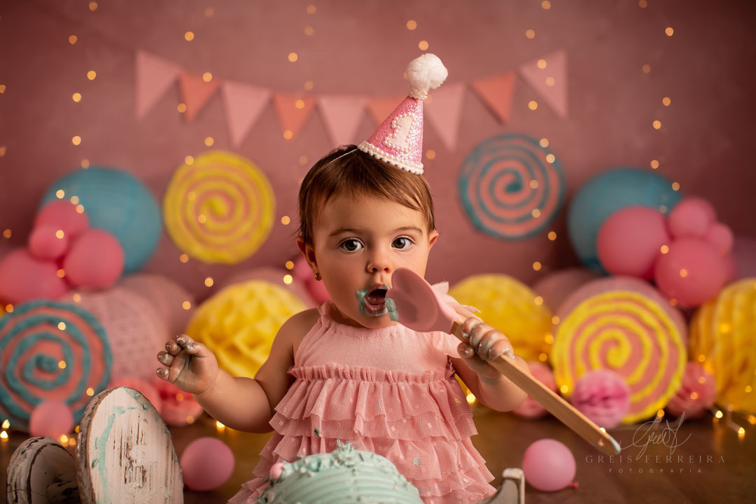 Smash the Cake de Pirulito ensaio de aniversario bebe 1 ano 12 meses