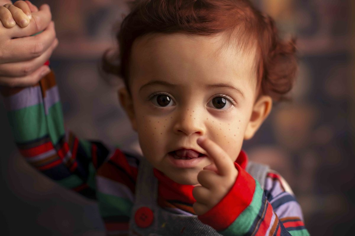 Chucky Boneco assassino bebe ruivo sentado em frente a uma estante de bonecos macabros