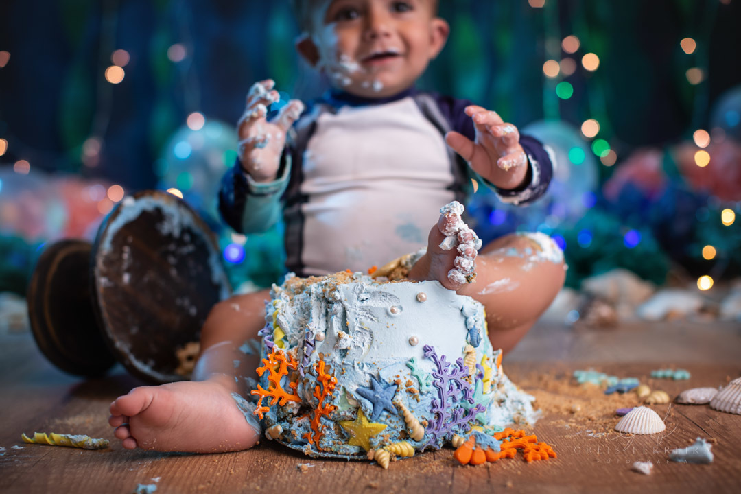 smash the cake fundo do mar ensaio de aniversario de bebe de 1 ano