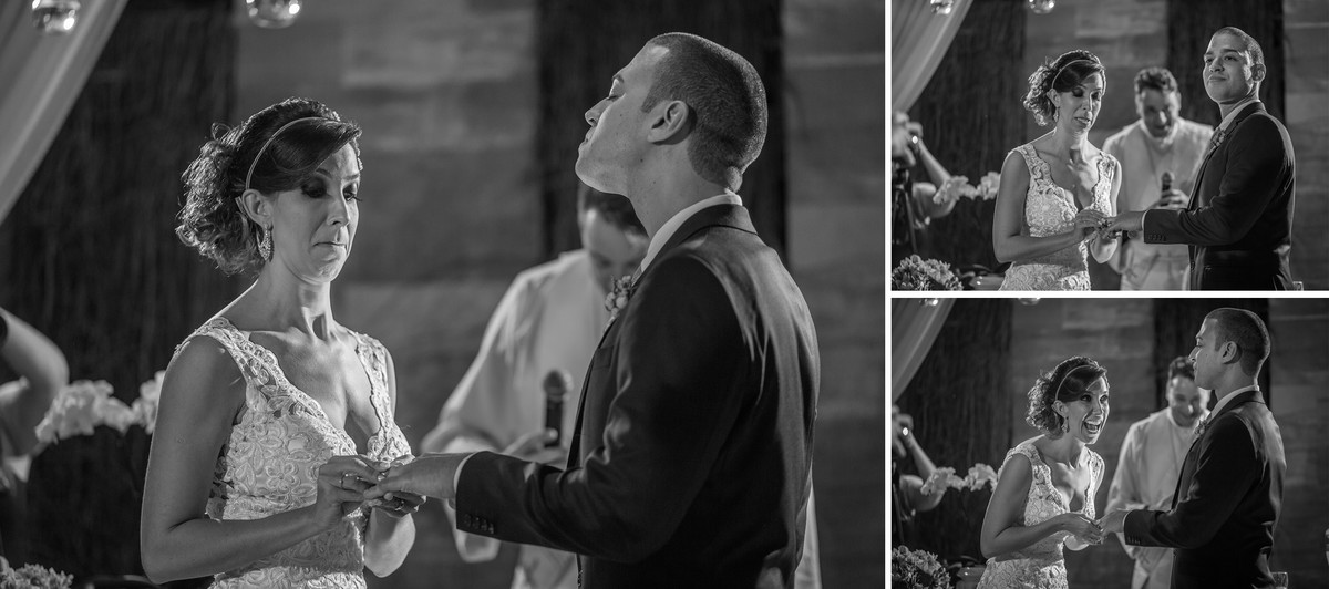 Noiva com dificuldade de colocar a aliança na mão do noivo na cerimônia do casamento