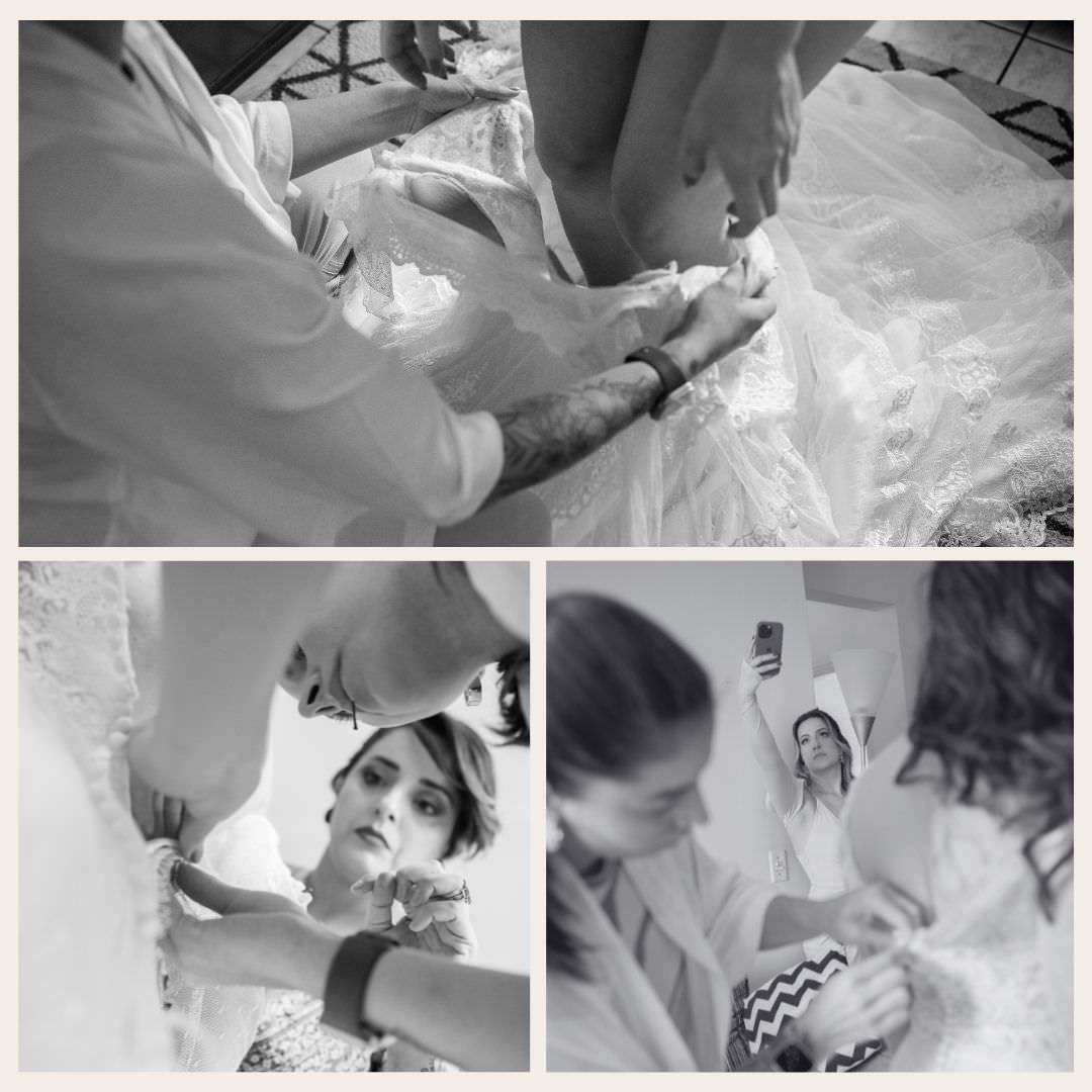 noiva colocando o vestido casamento umbanda