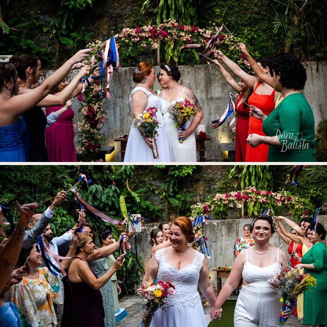 saida das noivas em cerimonia de casamento intimista homoafetivo em casa rj
