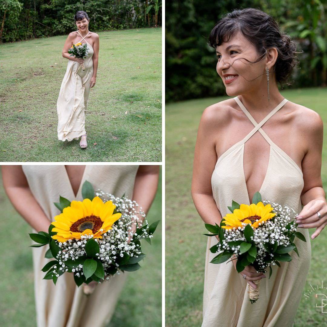 noiva com bouquet de girassol Casamento Intimista 