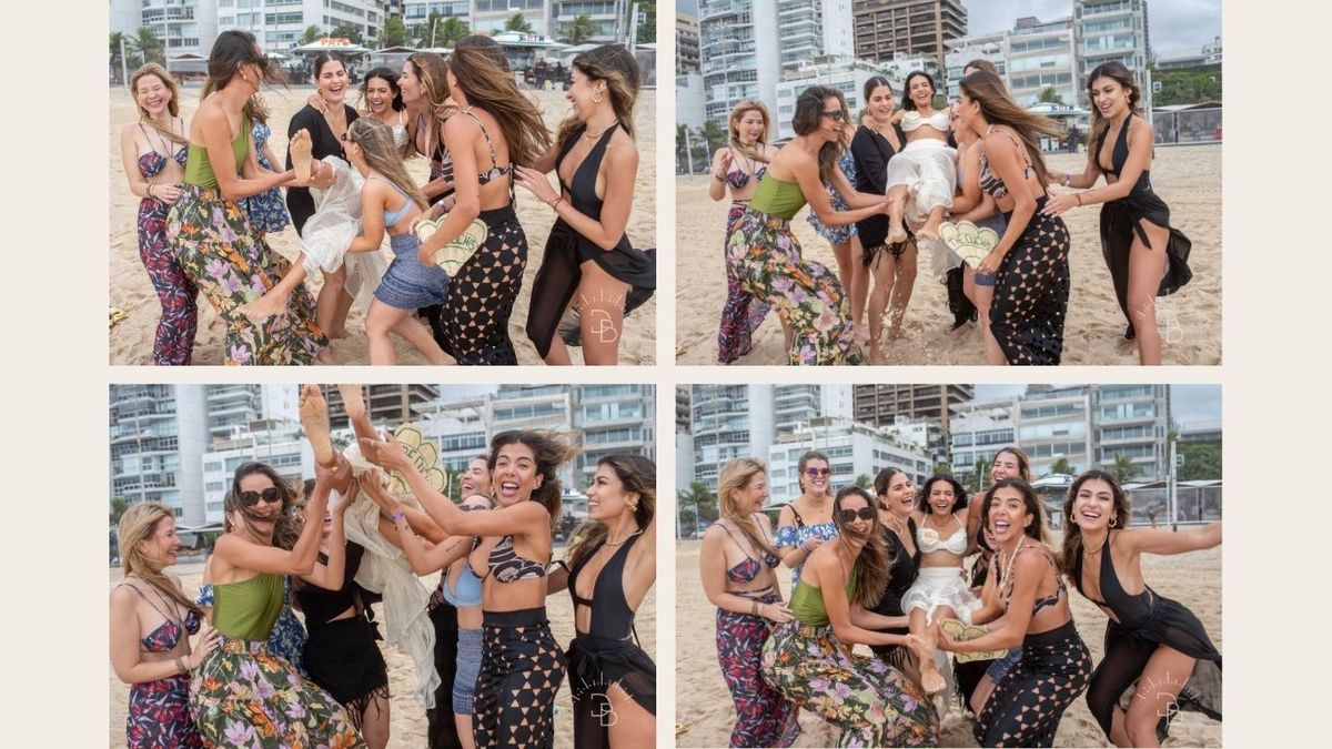 madrinhas jogando a noiva pro alto em ensaio na praia