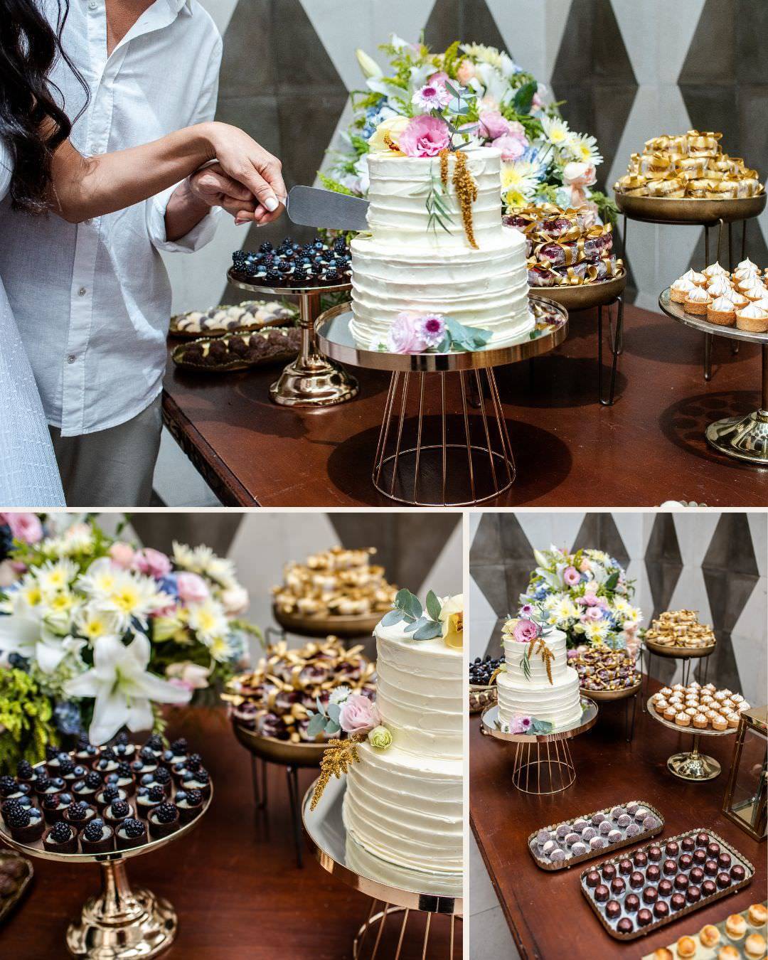 mesa de doces e noivos cortando o bolo em casamento intimista botafogo