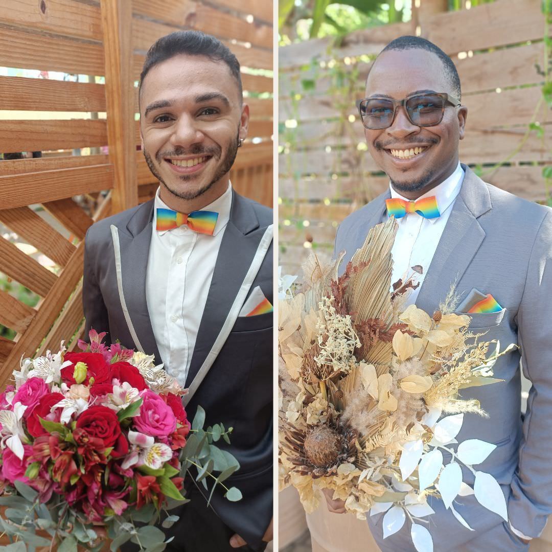 noivos em casamento homoafetivo ao ar livre jamboo