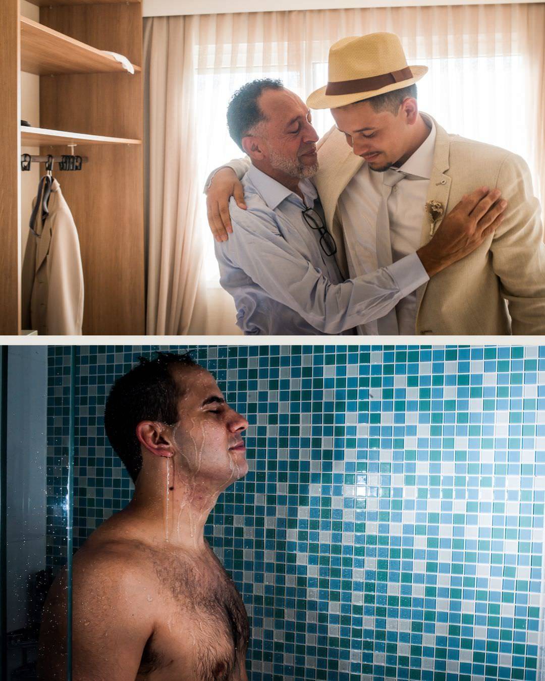 making of noivo tomando banho e abracando o pai