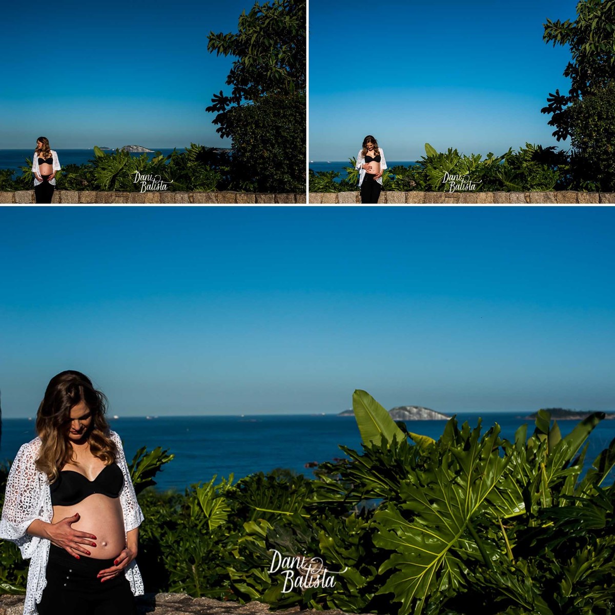 gestante durante ensaio no parque do leblon com praia ao fundo