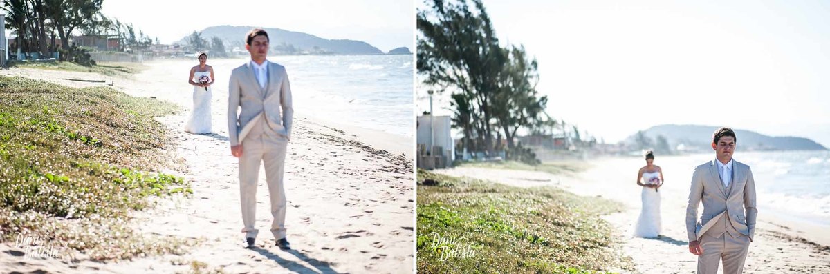 noivos durante o first look na praia rasa em buzios