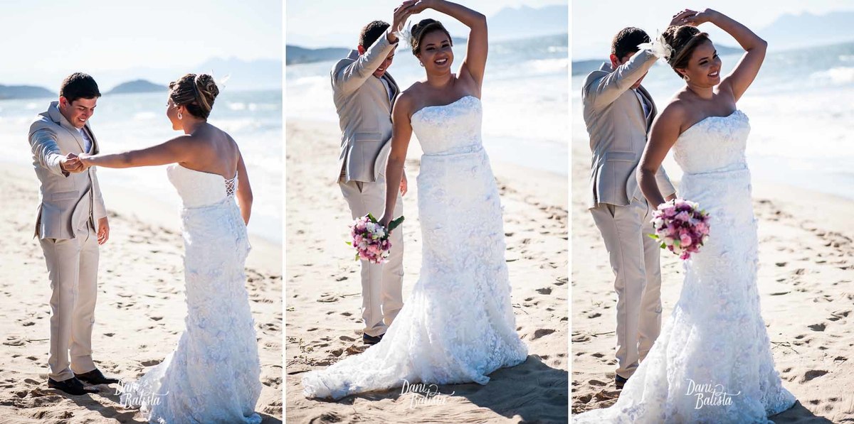 noivo dançando com a noiva em first look na praia rasa em buzios