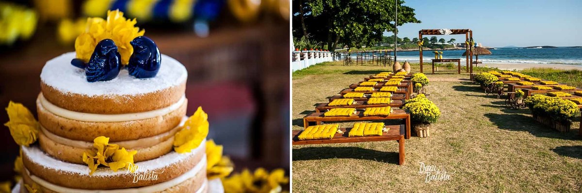 topo de bolo de passarinho azul com naked cake e decoração da cerimônia de casamento ao ar livre na praia do forte imbuí em niterói